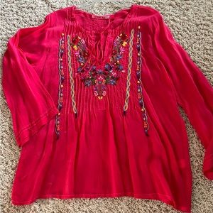 Johnny Was blouse with neckline tie, pink/coral color, large.